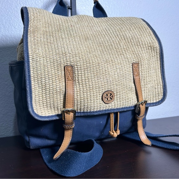 Tory Burch Navy Blue and Tan Woven Wicker Drawstring Backpack Bag Purse main image 6
